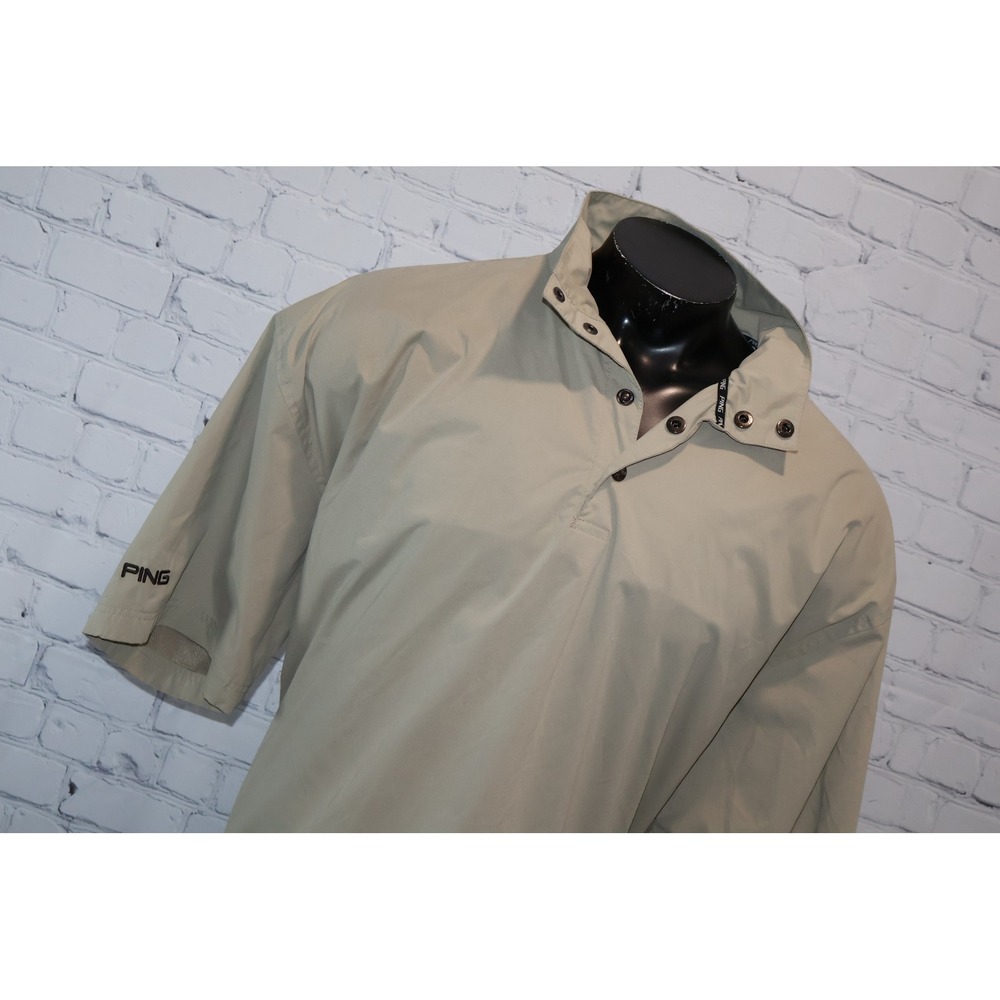 PING Windshirt Golf Pullover Mens XL Tan Short Sleeve Snap Neck Zip Pockets **